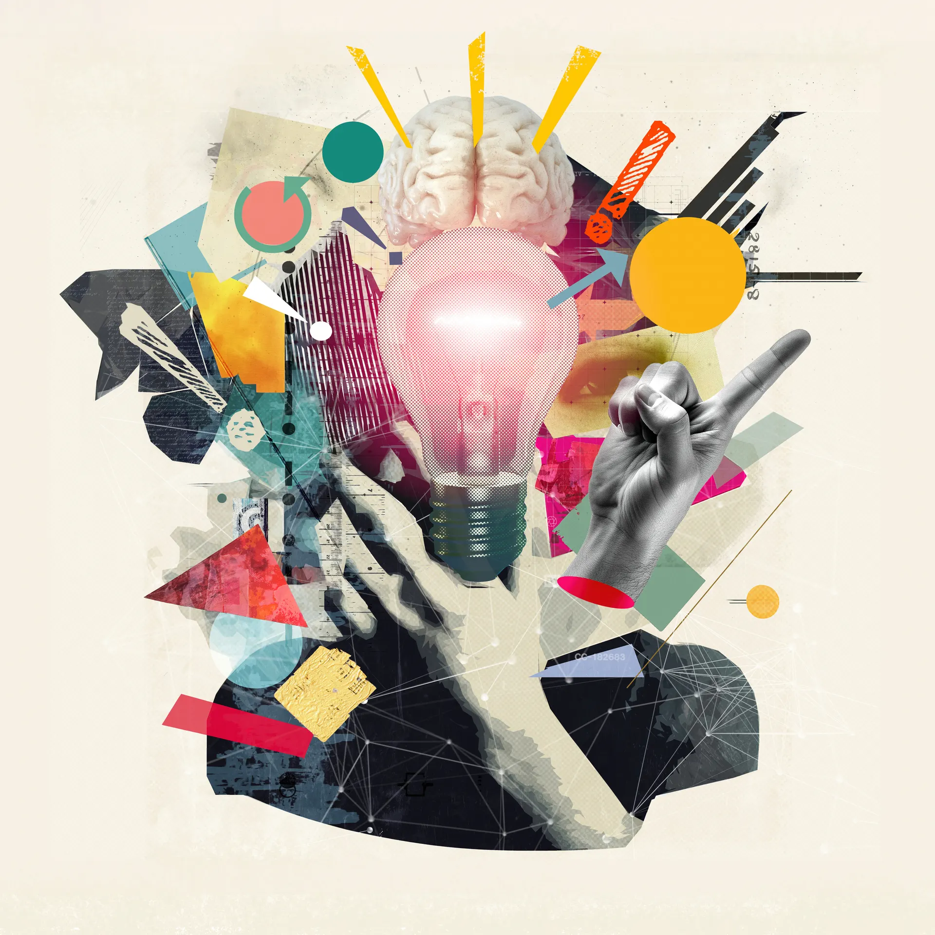 Collage of brain, light bulb and hand