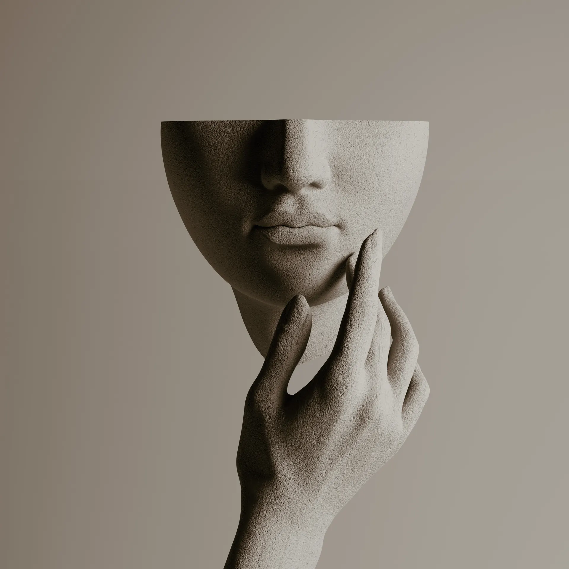 Face and hand in matte sculpture