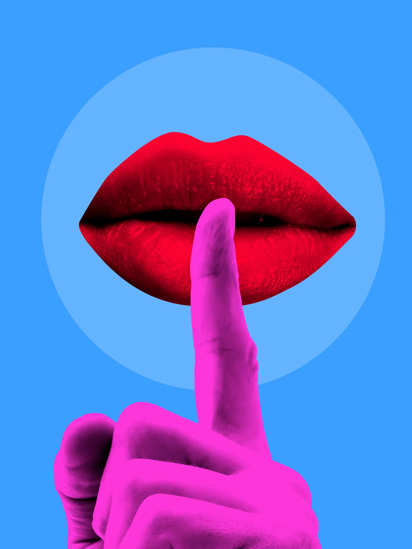 Red lips with shushing gesture on blue